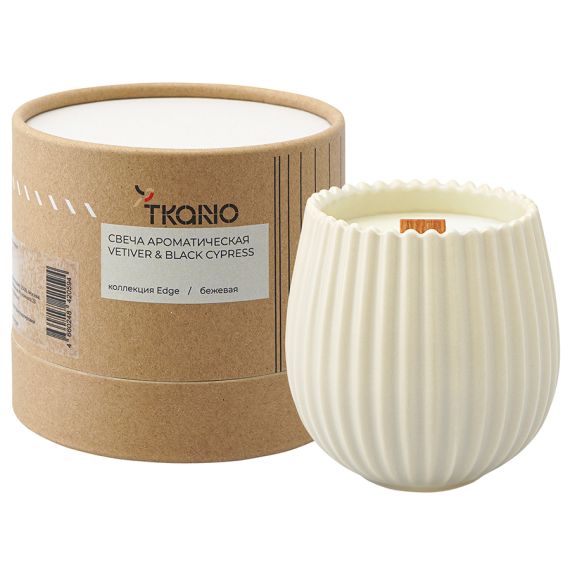 Свеча ароматическая с деревянным фитилём Vetiver & Black cypress из коллекции Edge, бежевый, 60 ч, Tkano